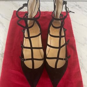 CHRISTIAN LOUBOUTIN Black Suede Toerless Muse Caged Flats - size 38.5
